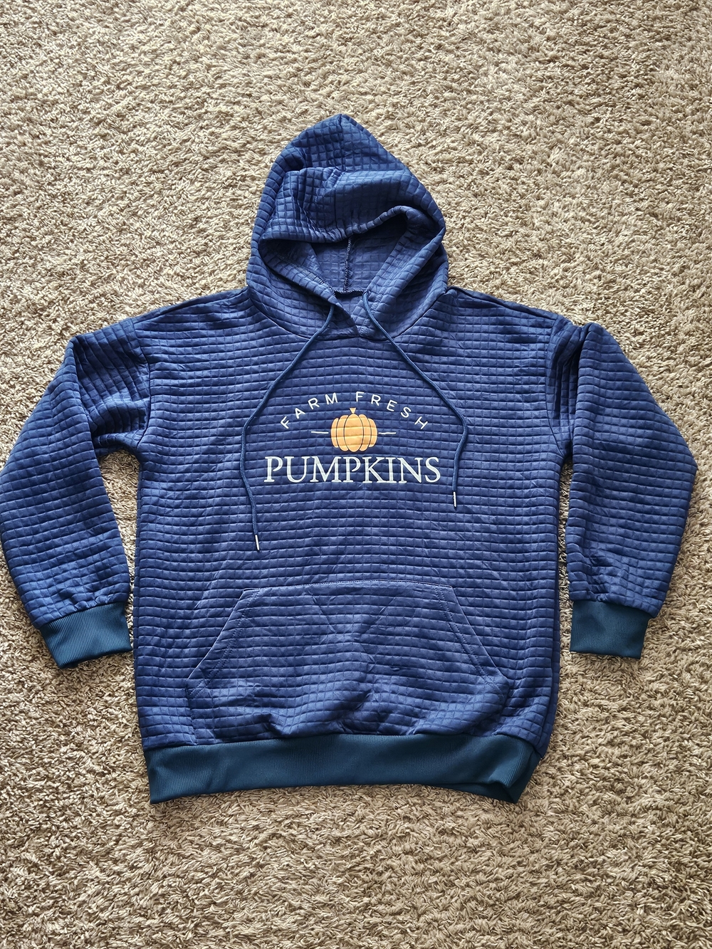 Farm Fresh Pumpkins Men's Blue Quilted Hoodie Sweatshirt Size Medium
